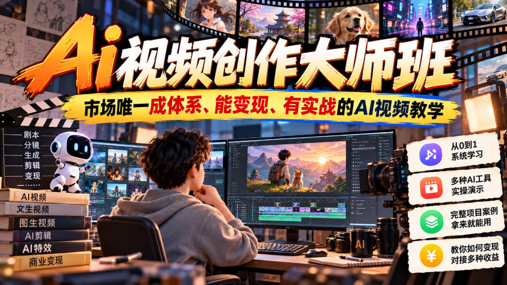 Ai视频创作大师班，市场唯一成体系、能变现、有实战的AI视频教学（更新2026）-新发现资源网