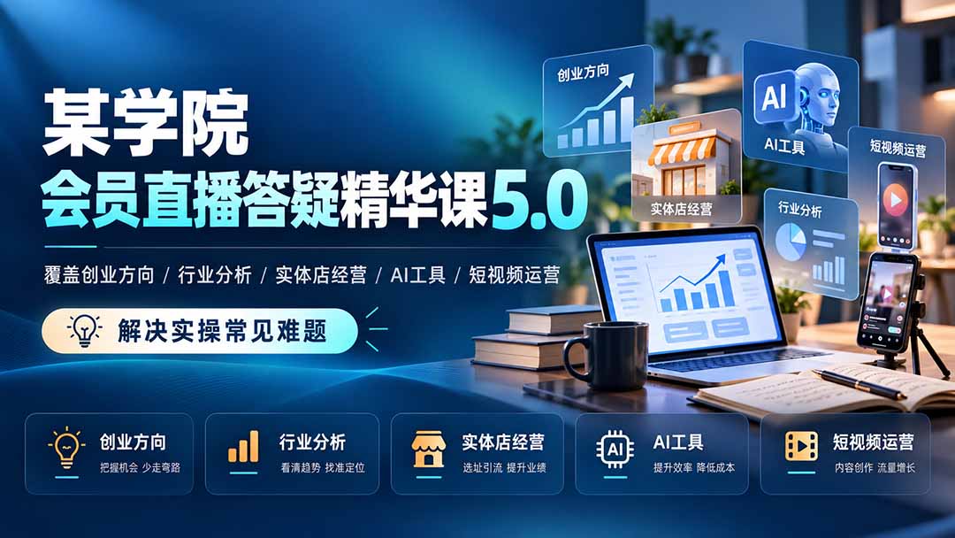 某学院会员直播答疑精华课5.0：覆盖创业方向、行业分析、实体店经营、AI工具和短视频运营，解决实操常见难题！-新发现资源网