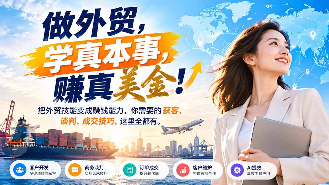 做外贸，学真本事，赚真美金！把外贸技能变成赚钱能力，你需要的获客、谈判、成交技巧，这里全都有-新发现资源网