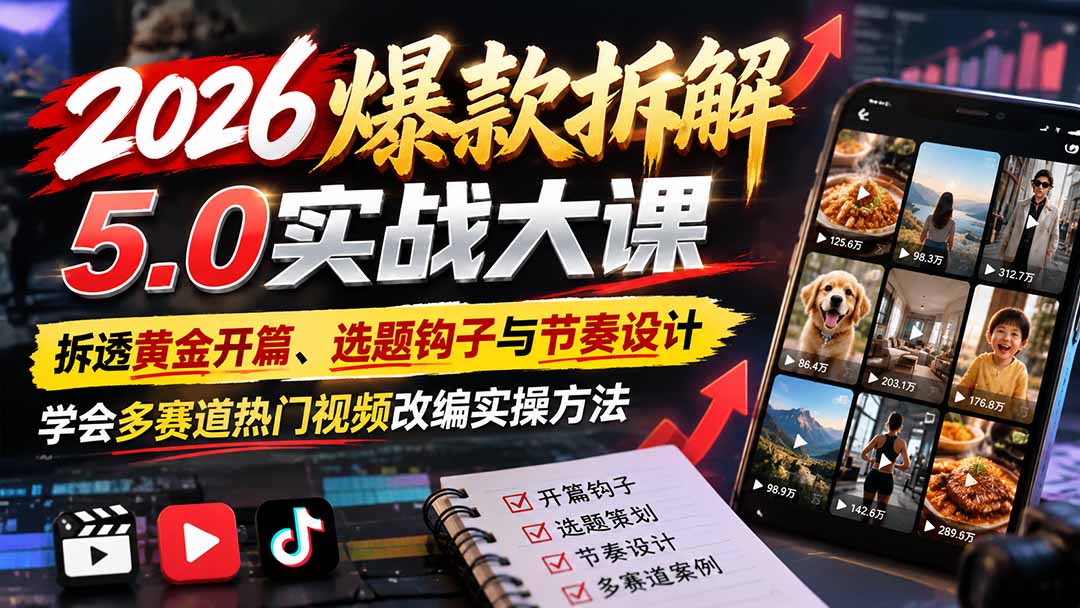 2026爆款拆解5.0实战大课：拆透黄金开篇、选题钩子与节奏设计，学会多赛道热门视频改编实操方法-新发现资源网