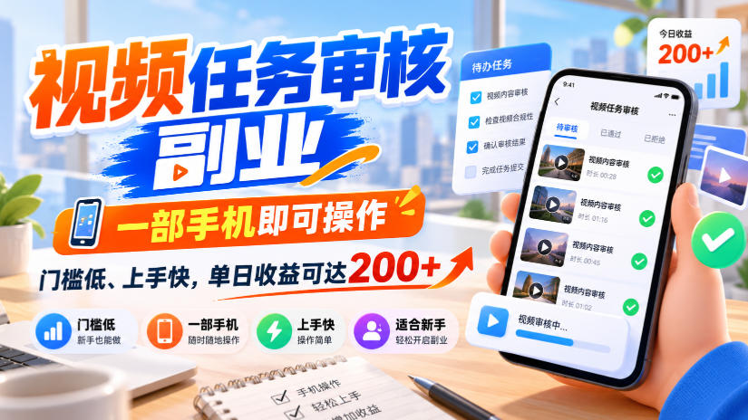 视频任务审核副业，一部手机即可操作，门槛低、上手快，单日收益可达200+【揭秘】-新发现资源网