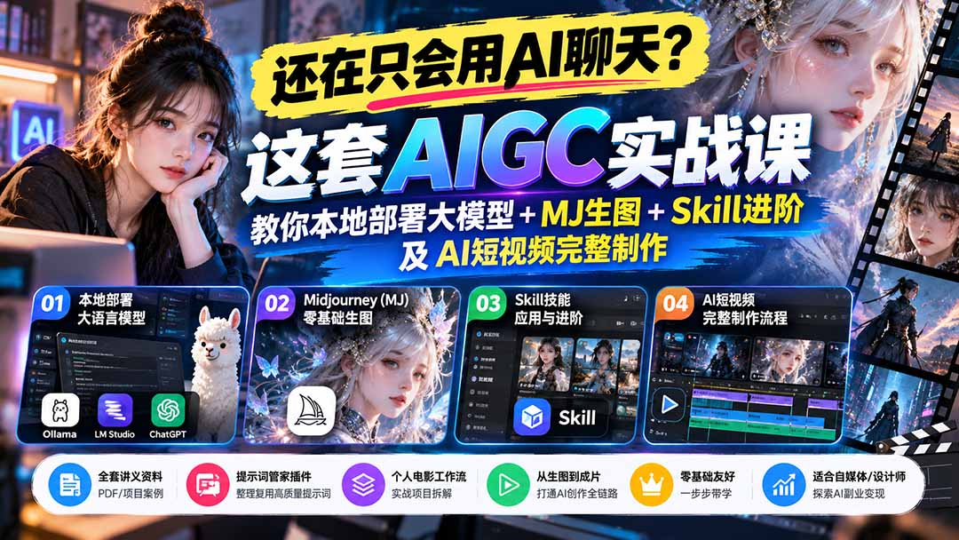 【无水印】还在只会用AI聊天？这套AIGC实战课教你本地部署大模型+MJ生图+Skill进阶及AI短视频完整制作-新发现资源网