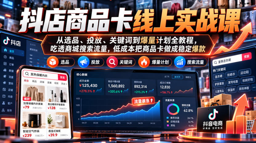 抖店商品卡线上实战课｜从选品、投放、关键词到爆量计划全教程，吃透商城搜索流量，低成本把商品卡做成稳定爆款-新发现资源网