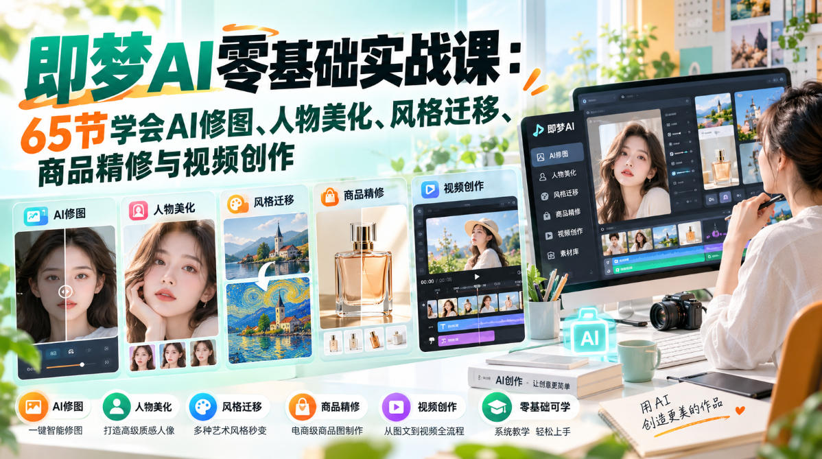 即梦AI零基础实战课：65节学会AI修图、人物美化、风格迁移、商品精修与视频创作-新发现资源网