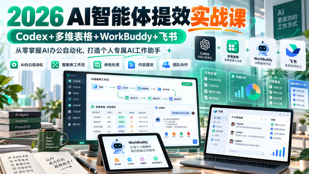 2026 AI智能体提效实战课：Codex+多维表格+WorkBuddy+飞书，从零掌握AI办公自动化，打造个人专属AI工作助手-新发现资源网