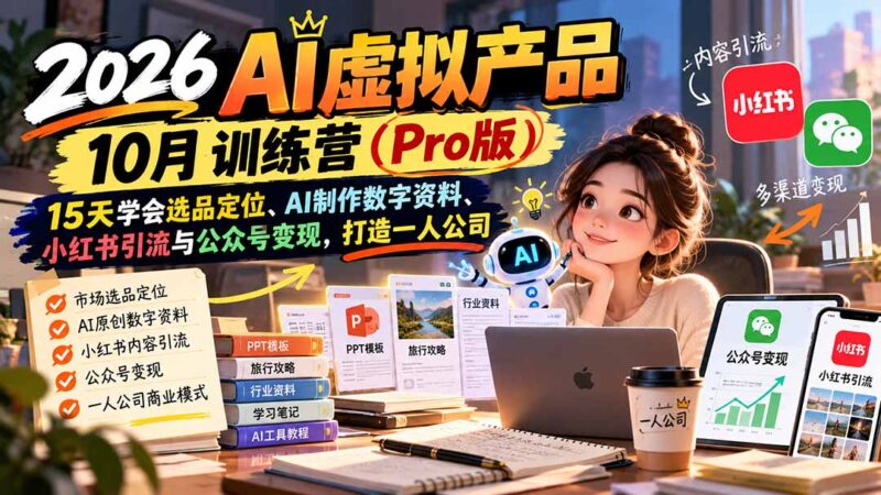 2026AI虚拟产品10月训练营（Pro版）：15天学会选品定位、AI制作数字资料、小红书引流与公众号变现，打造一人公司-百科网_分享创业项目_网上赚钱方法