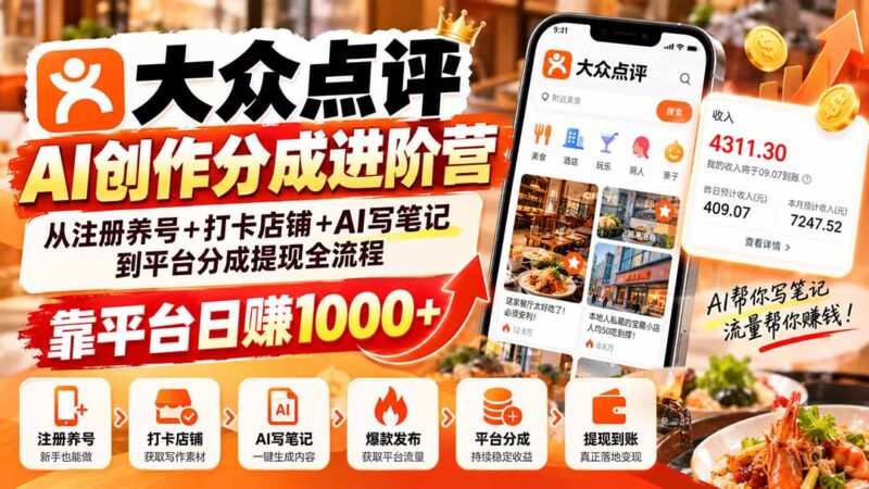 大众点评AI创作分成进阶营：从注册养号+打卡店铺+AI写笔记到平台分成提现全流程，靠平台日赚1000+-百科网_分享创业项目_网上赚钱方法